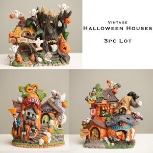 VTG Halloween Village 3pc Porcelain Houses Spooky Ghosts Pumpkins Fall Aesthetic